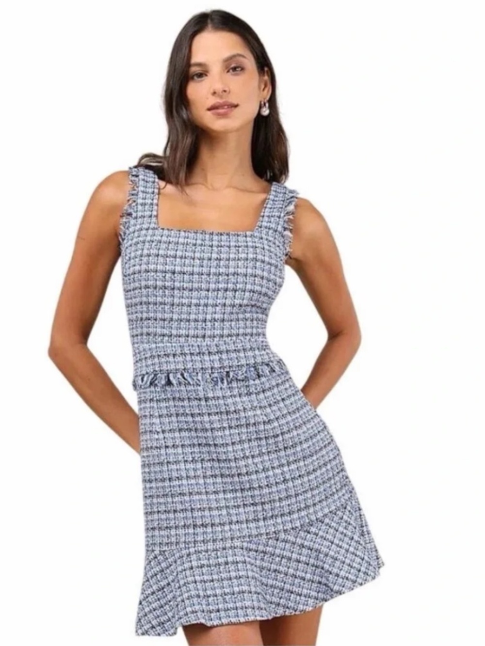 Lulu’s Blue Plaid Tweed Square-Neck Mini Dress Medium